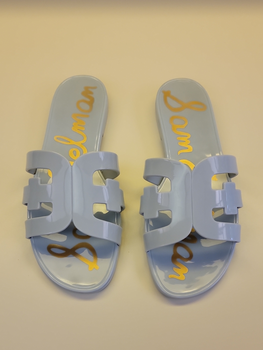 SAM EDELMAN BAY JELLY SLIDE SANDALS IN THE "CAPE BLUE" COLOR